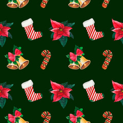 Hand drawn  seamless pattern (ideal for giftpaper) with Euphorbia pulcherrima, Poinsettia, christmas rings, jingle bells, socks, candy in watercolor