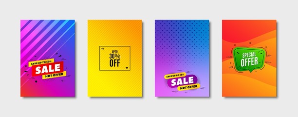Up to 30% off Sale. Cover design, banner badge. Discount offer price sign. Special offer symbol. Save 30 percentages. Poster template. Sale, hot offer discount. Flyer or cover background. Vector