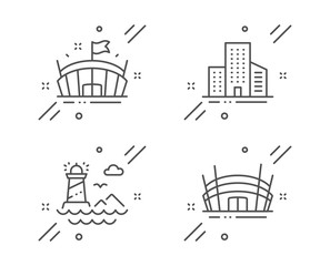 Arena, Lighthouse and Buildings line icons set. Arena stadium sign. Sport stadium, Navigation beacon, City architecture. Competition building. Buildings set. Line arena outline icon. Vector