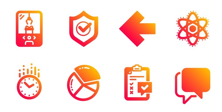 Approved shield, Left arrow and Crane claw machine line icons set. Chemistry atom, Checklist and Pie chart signs. Time, Talk bubble symbols. Protection, Direction arrow. Technology set. Vector