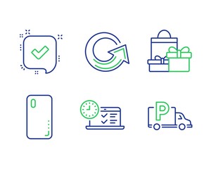 Smartphone cover, Reload and Online test line icons set. Confirmed, Shopping and Truck parking signs. Phone, Update, Examination. Accepted message. Business set. Vector