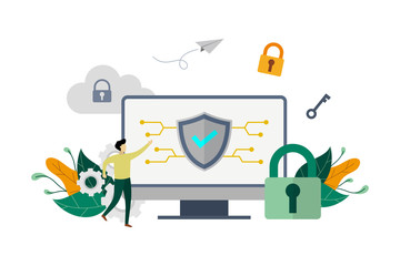 Computer security, protect shield system. Data protection with small people concept vector flat illustration, suitable for background, advertising illustration