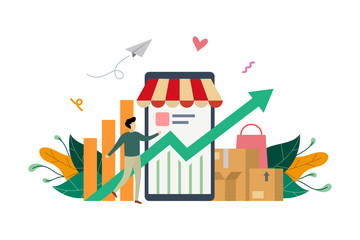 e-store profit, online shop growth. E-marketing income with small Successful businessman concept vector flat illustration, suitable for background, landing page, advertising illustration