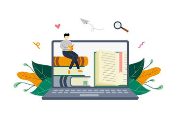 e-book, reading an ebook, e-library, modern media book library on large laptop concept with small people vector flat illustration, suitable for background, banner, advertising illustration
