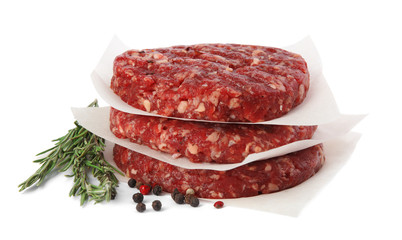 Raw meat cutlets for burger isolated on white