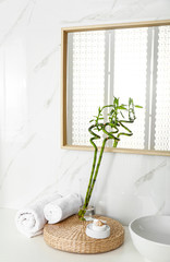 Tropical bamboo stems with leaves in stylish bathroom interior