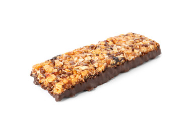 Tasty granola bar on white background. Healthy snack