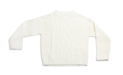 Warm knitted sweater on white background, top view