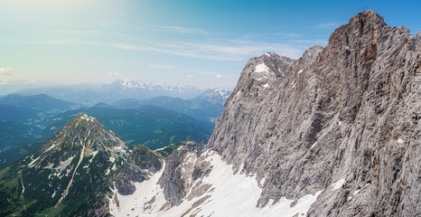 Panoramatic view from peak of Dachstein am Ramsau mountain in Al