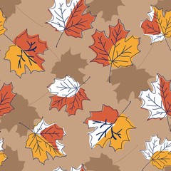 Modern allover seamless repeat pattern  with tossed dark outlined maple leaves in fall colors and slhouettes on a tan background