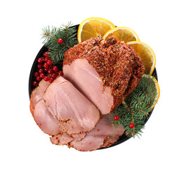 Tray with delicious ham on white background, top view. Christmas dinner