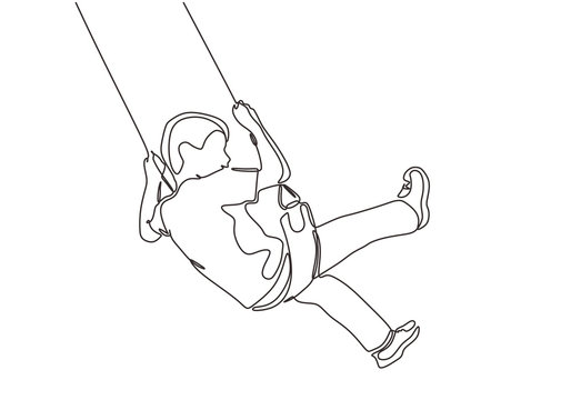 Continuous one line drawing of kid sitting and playing swinging minimalism design. Vector happy childhood.