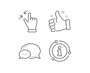 Touchscreen gesture line icon. Chat bubble, info sign elements. Zoom out sign. Action arrows symbol. Linear touchscreen gesture outline icon. Information bubble. Vector