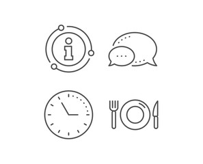 Food line icon. Chat bubble, info sign elements. Restaurant sign. Fork, knife and plate symbol. Linear food outline icon. Information bubble. Vector