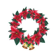 Hand drawn wreath with Euphorbia pulcherrima, Poinsettia in watercolor