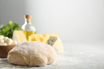Dough and fresh ingredients for pizza on light table. Space for text