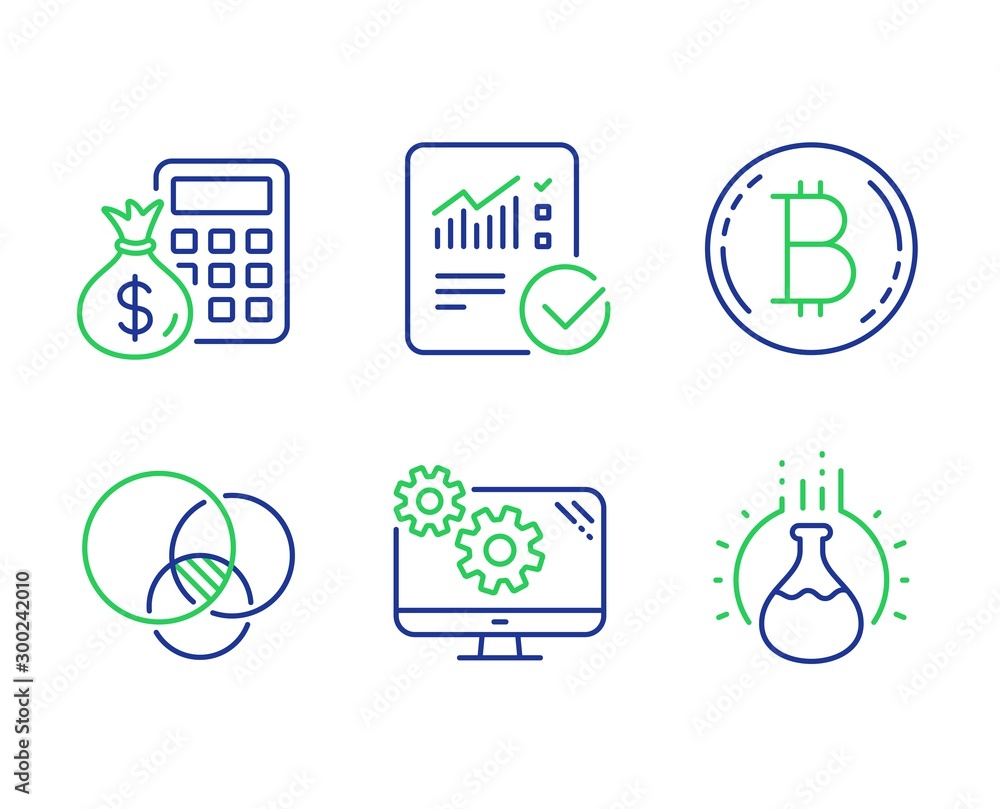 Poster finance calculator, settings and bitcoin line icons set. euler diagram, checked calculation and chem