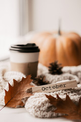 Cup of coffee, pumpkin, dried autumn leaves on window. Autumn composition.