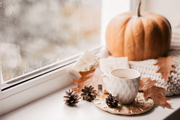 Cup of coffee, pumpkin, dried autumn leaves on window. Autumn composition.