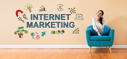 Internet marketing with woman in a thoughtful pose in a chair