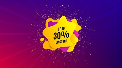 Up to 30% Discount. Dynamic text shape. Sale offer price sign. Special offer symbol. Save 30 percentages. Geometric vector banner. Discount tag text. Gradient shape badge. Colorful background. Vector