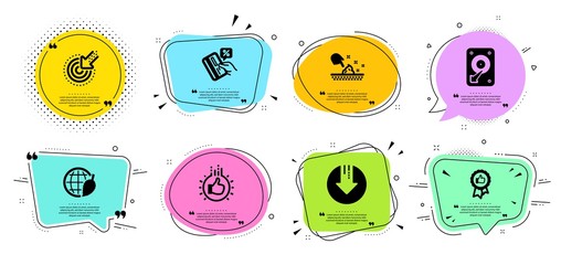 Skin moisture, Hdd and Credit card line icons set. Chat bubbles with quotes. Download arrow, Environment day and Like hand signs. Positive feedback, Targeting symbols. Wet cream, Hard disk. Vector