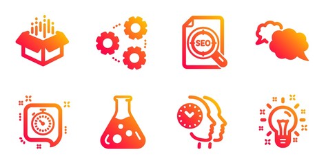 Messenger, Chemistry lab and Open box line icons set. Timer, Gears and Seo file signs. Time management, Idea symbols. Speech bubble, Laboratory. Technology set. Gradient messenger icons set. Vector