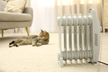 Electric heater and blurred tabby cat on background. Space for text