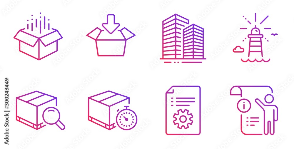 Poster open box, lighthouse and get box line icons set. technical documentation, search package and skyscra