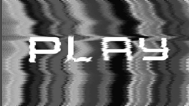 PLAY text with analog TV static noise screen, with WHITE NOISE SOUND, loop