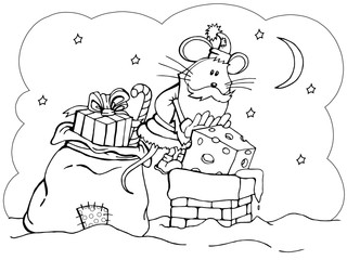 A coloring page of a mouse in a Santa's suit that throws a present into the chimney with the sky of stars background and the moon
