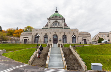 Saint Joseph's Oratory of Mount Royal (Montreal, Quebec, Canada). Roman Catholic basilica and national shrine on Westmount Summit. View from the stairs in front of the beautiful building. Pilgrimage.