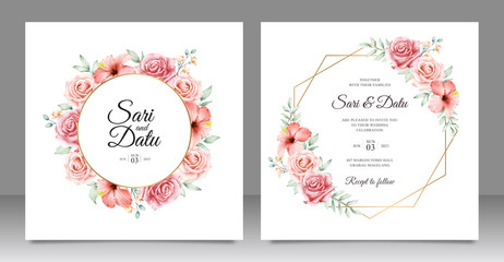 Fototapeta na wymiar Golden frame wedding invitation with beautiful floral design