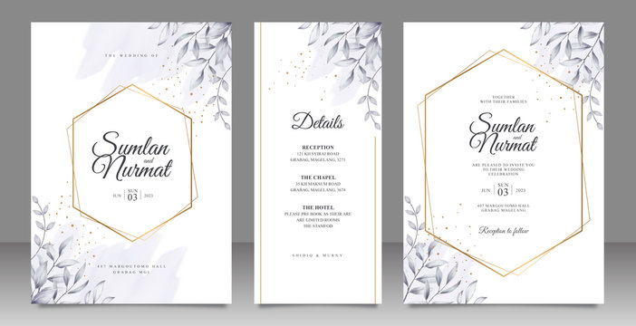 Golden geometric frame wedding card set template with leaves watercolor