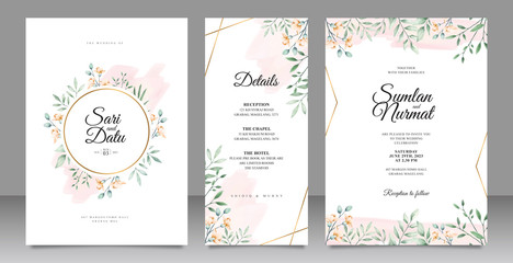Fototapeta na wymiar Wedding invitation card set template with leaves watercolor decoration