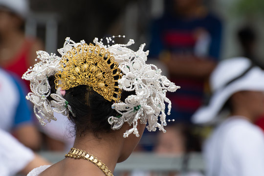 Traditional Panamanian hair/head decoration (accessories) of unidentifiable woman during Panama National Day parade celebrating the separation of Panama from Colombia. Selective focus.