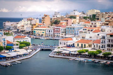 Aerial view to Agios Nikolaos, town on Crete island in Greece.