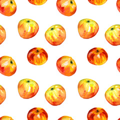 Seamless background, watercolor, ripe apples isolated on white background . Endless fruity texture for elegant decoration and seasonal design