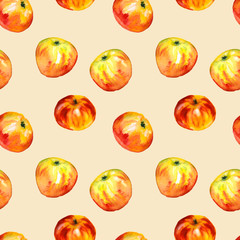 Seamless background, watercolor, ripe apples isolated colored background . Endless fruity texture for elegant decoration and seasonal design