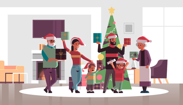 multi generation family with gift present boxes standing together merry christmas happy new year holiday celebration concept modern living room interior flat full length horizontal vector illustration