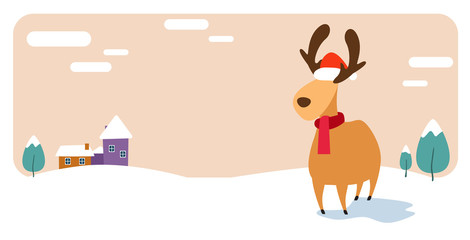 deer cartoon animal reindeer in santa claus hat merry christmas happy new year holiday celebration concept cute snowy houses on winter background greeting card horizontal vector illustration