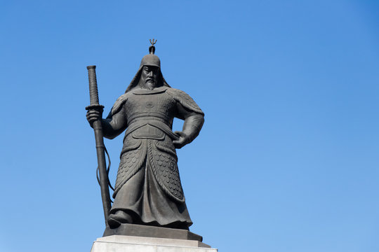 Seoul, South Korea-Nov 4, 2018 : Statue of Admiral Yi Sun-Sin, Korean naval commander, located at Gwanghamun square with blue sky background