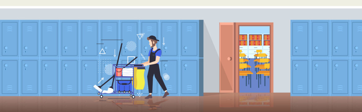 Man Cleaner Pushing Trolley Cart With Supplies Male Janitor In Uniform Cleaning Service Concept Modern School Corridor Interior With Row Of Lockers Full Length Horizontal Vector Illustration