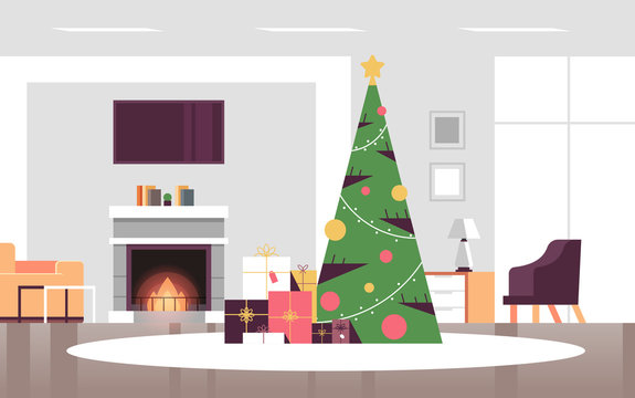 christmas decorated green fir tree with gift present boxes merry xmas happy new year holiday celebration concept modern living room interior horizontal vector illustration