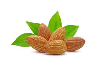 Almonds isolated on white background. Almond, a good source of protein and dietary fiber.