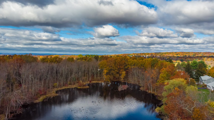 Aerial view of the beautiful autumn area with yellow and red trees