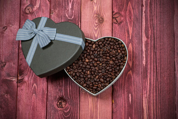 Coffee beans in heart shape box