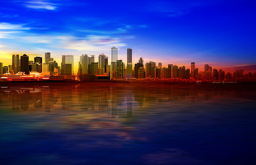 Fototapeta na wymiar abstract gold sunrise background with blue sky and panorama of Vancouver
