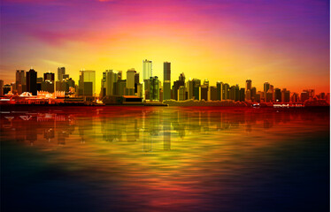 abstract red sunset background with violett sky and panorama of Vancouver - obrazy, fototapety, plakaty