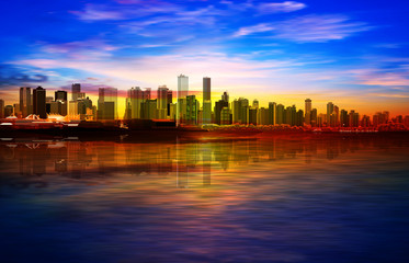 abstract spring background with gold sunrise blue sky and panorama of Vancouver